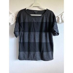 Eileen Fisher Striped‎ Merino Wool Short Sleeve Sweater Gray Black Medium